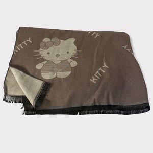 Hello Kitty Graphic Brown Cream Black Fringe Trim Scarf